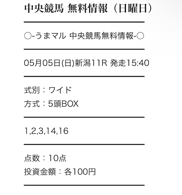 無料予想検証①：2024年5月5日新潟11R うまマル